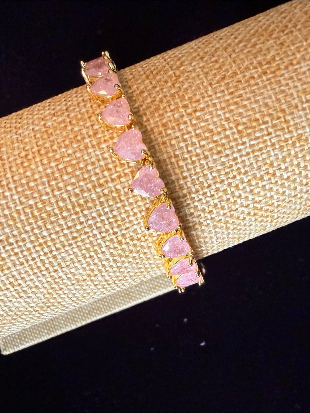 Gold Heart Link Bracelet with Pink Stones